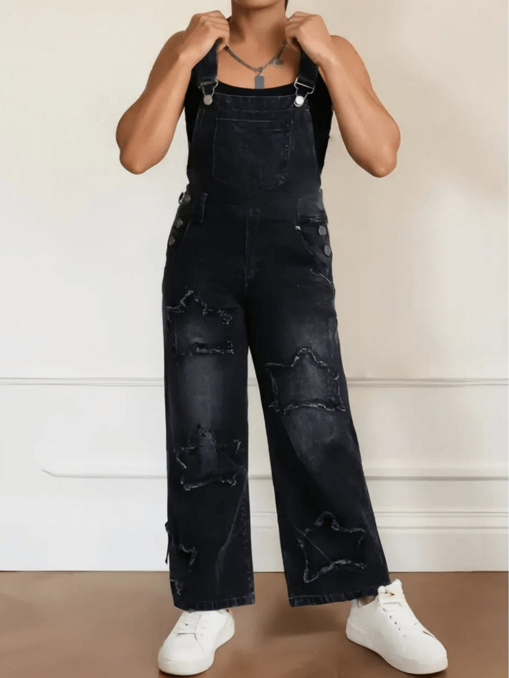 Girls' Star Patch Denim Overalls with Wide Legs and a Bib Pocket in Blue Washes for Casual Layering