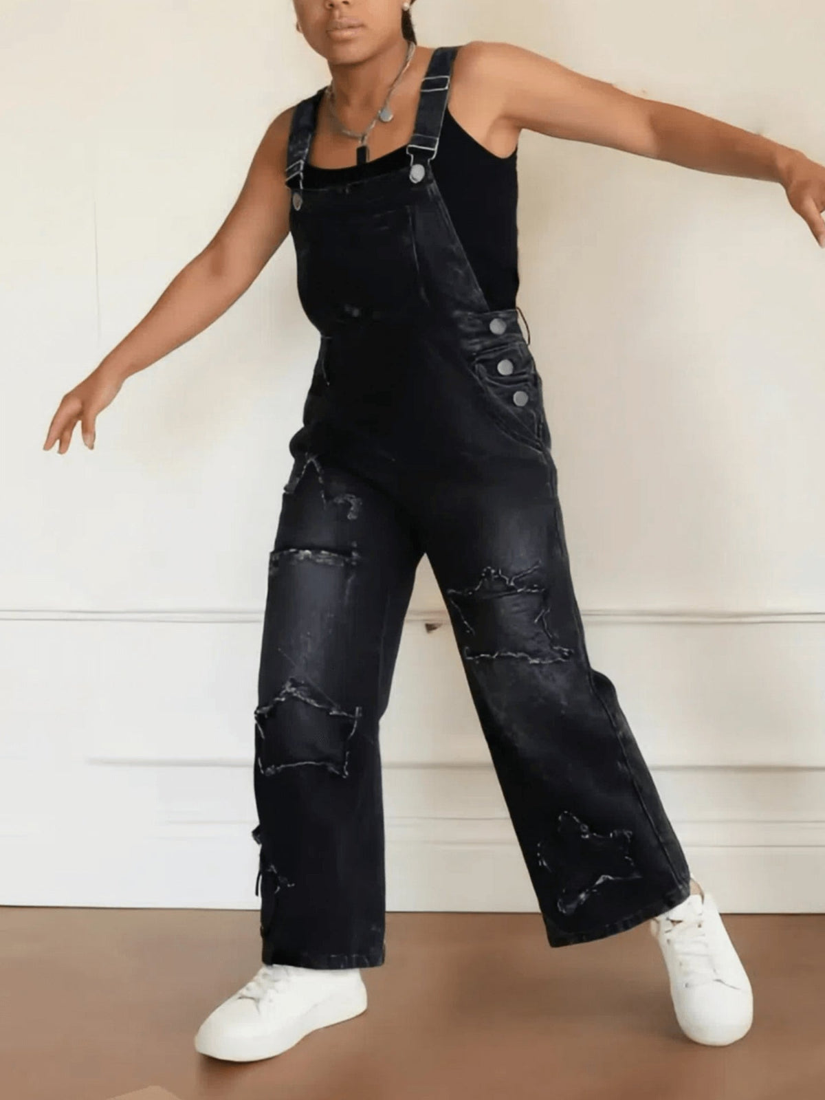 Girls' Star Patch Denim Overalls with Wide Legs and a Bib Pocket in Blue Washes for Casual Layering