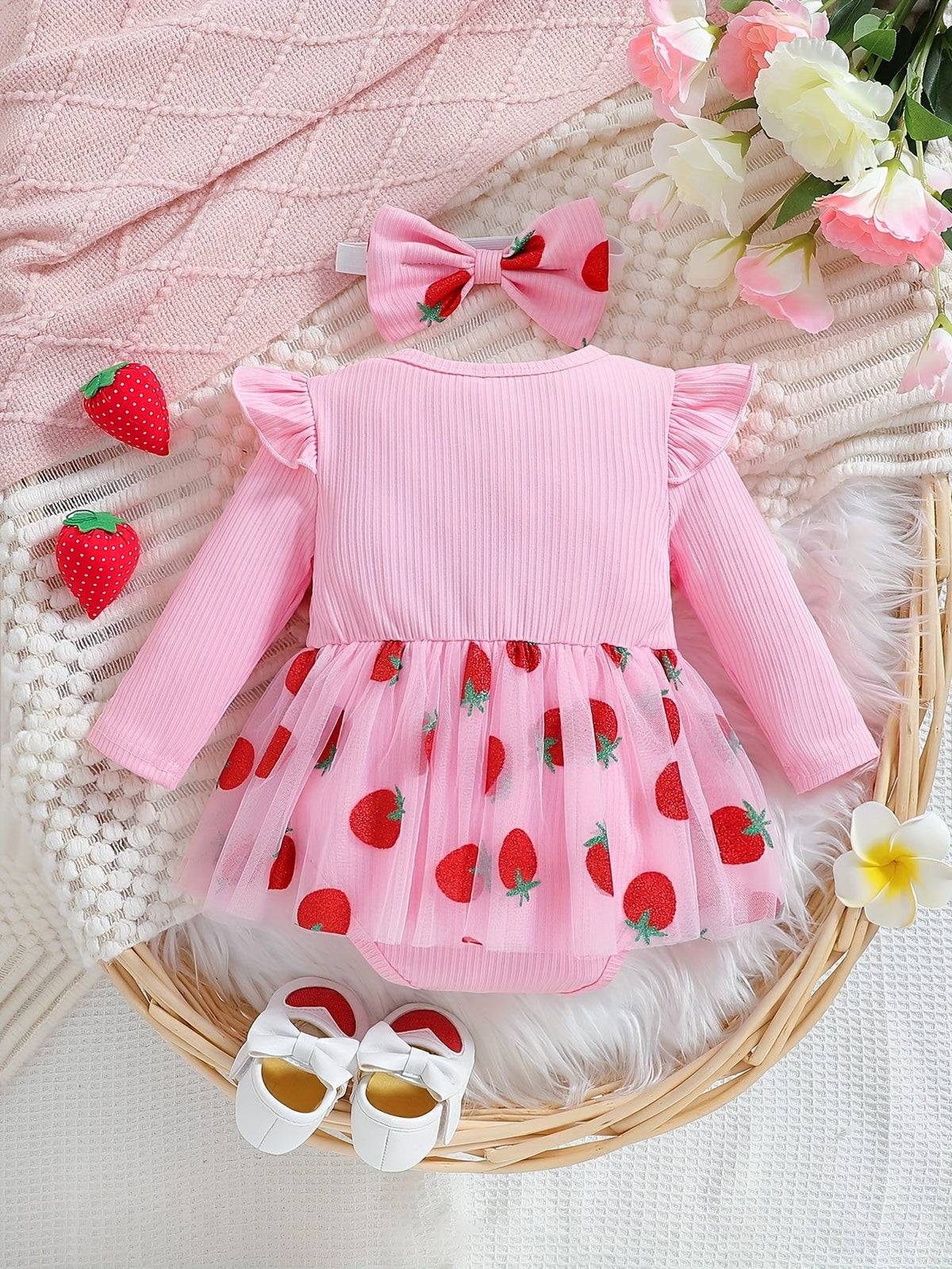 Baby Girls' Strawberry Skirted Bodysuit in Pink with Long Sleeves and a Front Bow for Dressy Outings