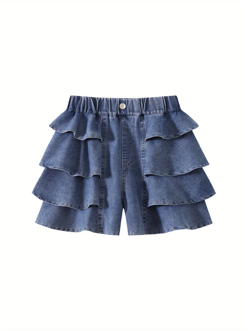 Girls' Denim Shorts with Tiered Ruffles and an Elastic Waist for Textured Summer Outfits and Casual Wear