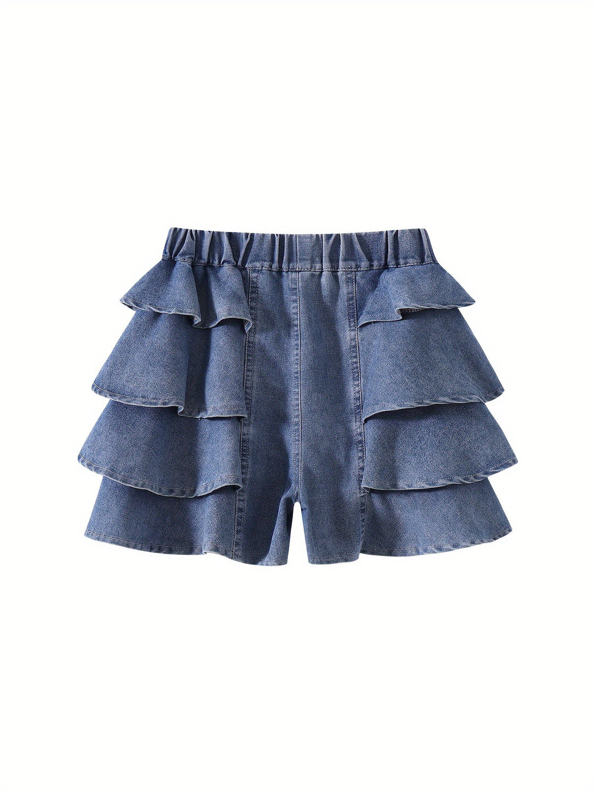 Girls' Denim Shorts with Tiered Ruffles and an Elastic Waist for Textured Summer Outfits and Casual Wear