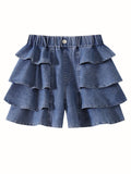 Girls' Denim Shorts with Tiered Ruffles and an Elastic Waist for Textured Summer Outfits and Casual Wear