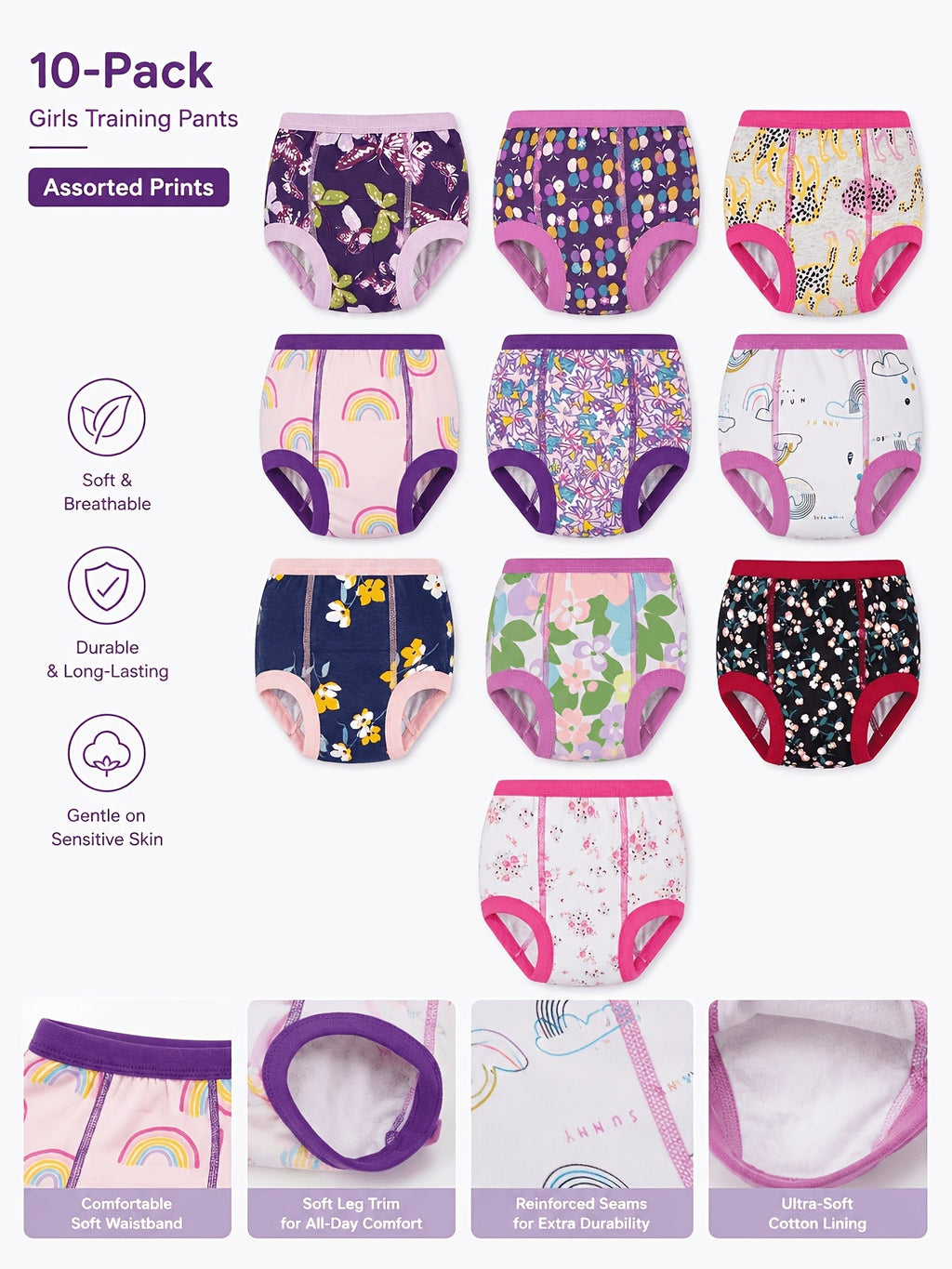 Girls' Potty Training Pants Ten-Pack with Assorted Prints and Contrast Trim for Supervised Toilet Training