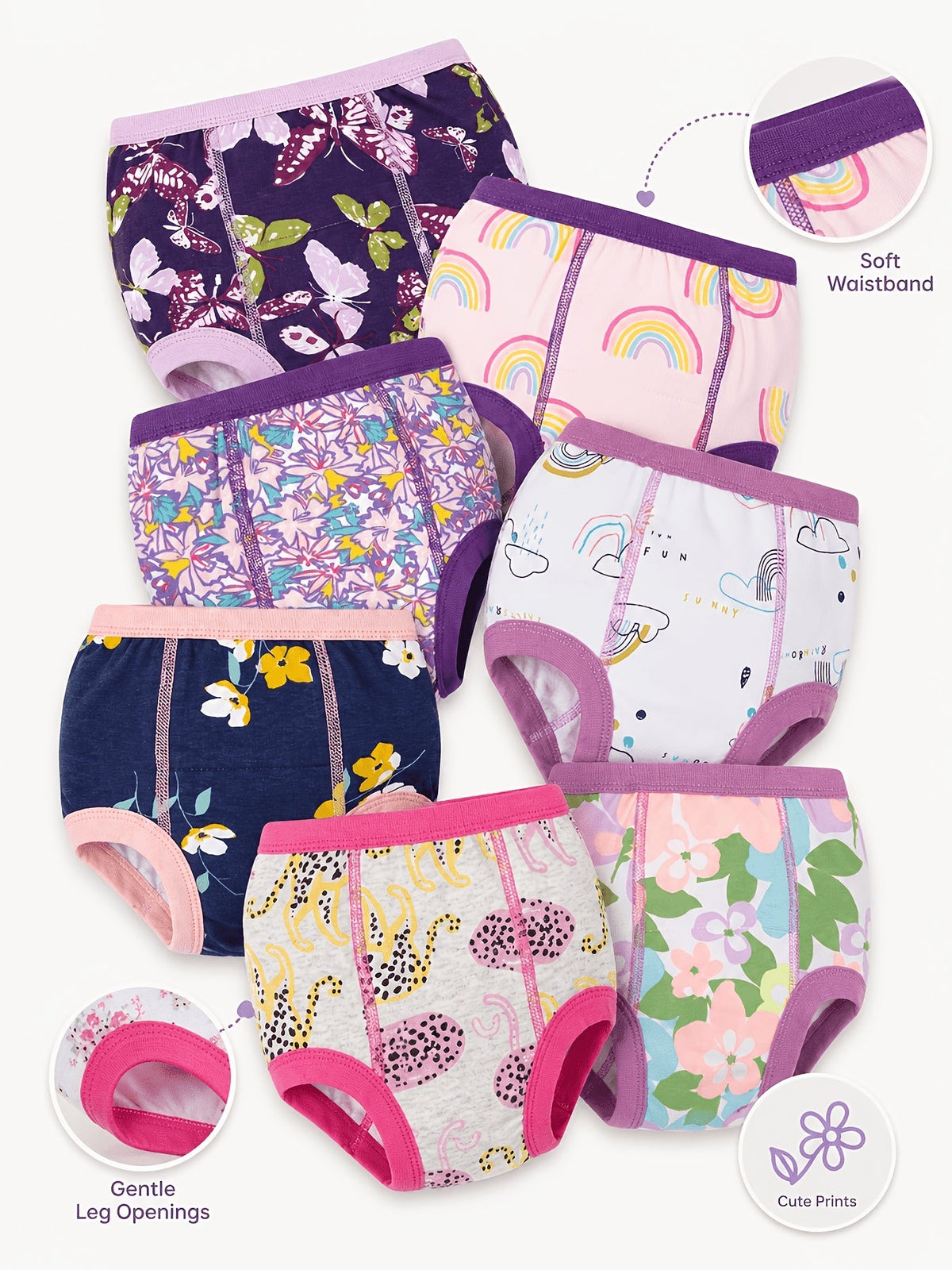 Girls' Potty Training Pants Ten-Pack with Assorted Prints and Contrast Trim for Supervised Toilet Training