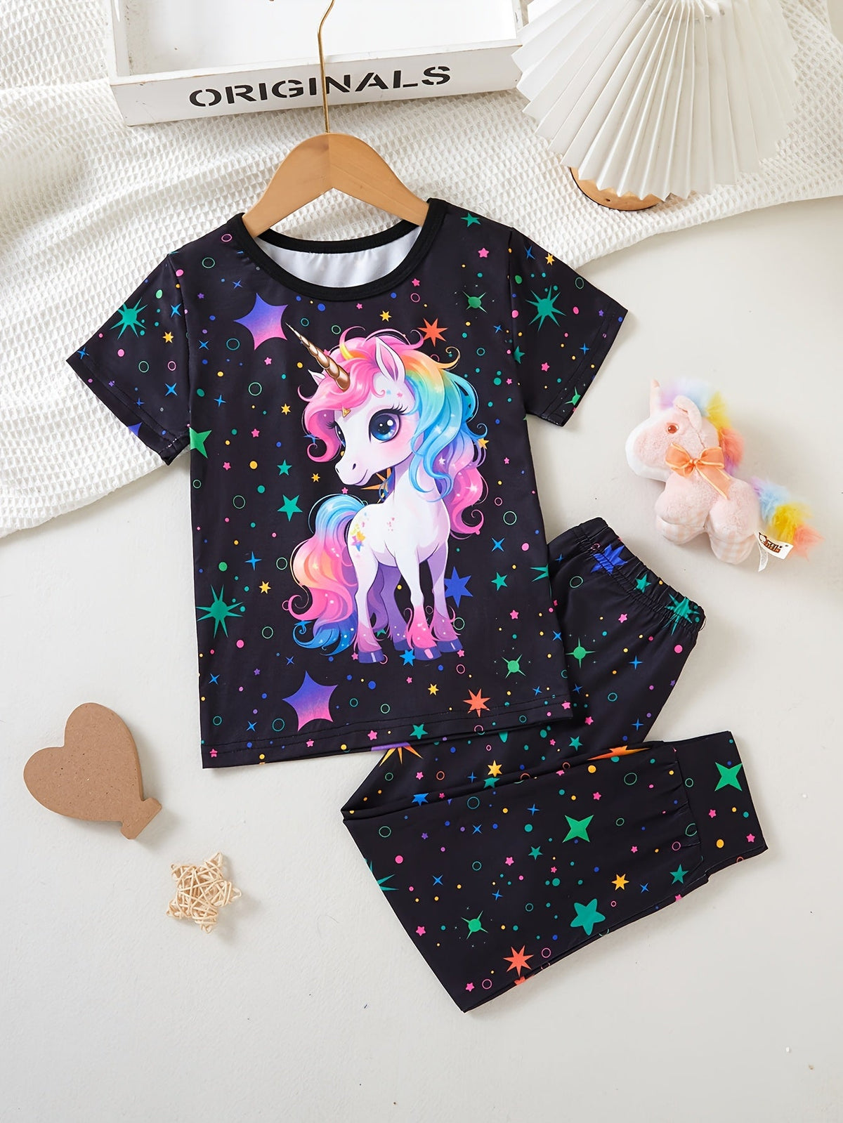 Girls' Unicorn Pants Set with Star Print and Short Sleeve T-Shirt for Colorful Everyday Outfits