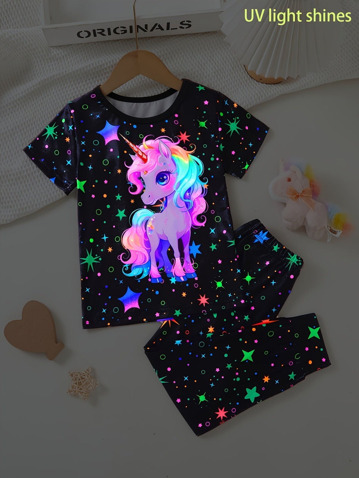 Girls' Unicorn Pants Set with Star Print and Short Sleeve T-Shirt for Colorful Everyday Outfits