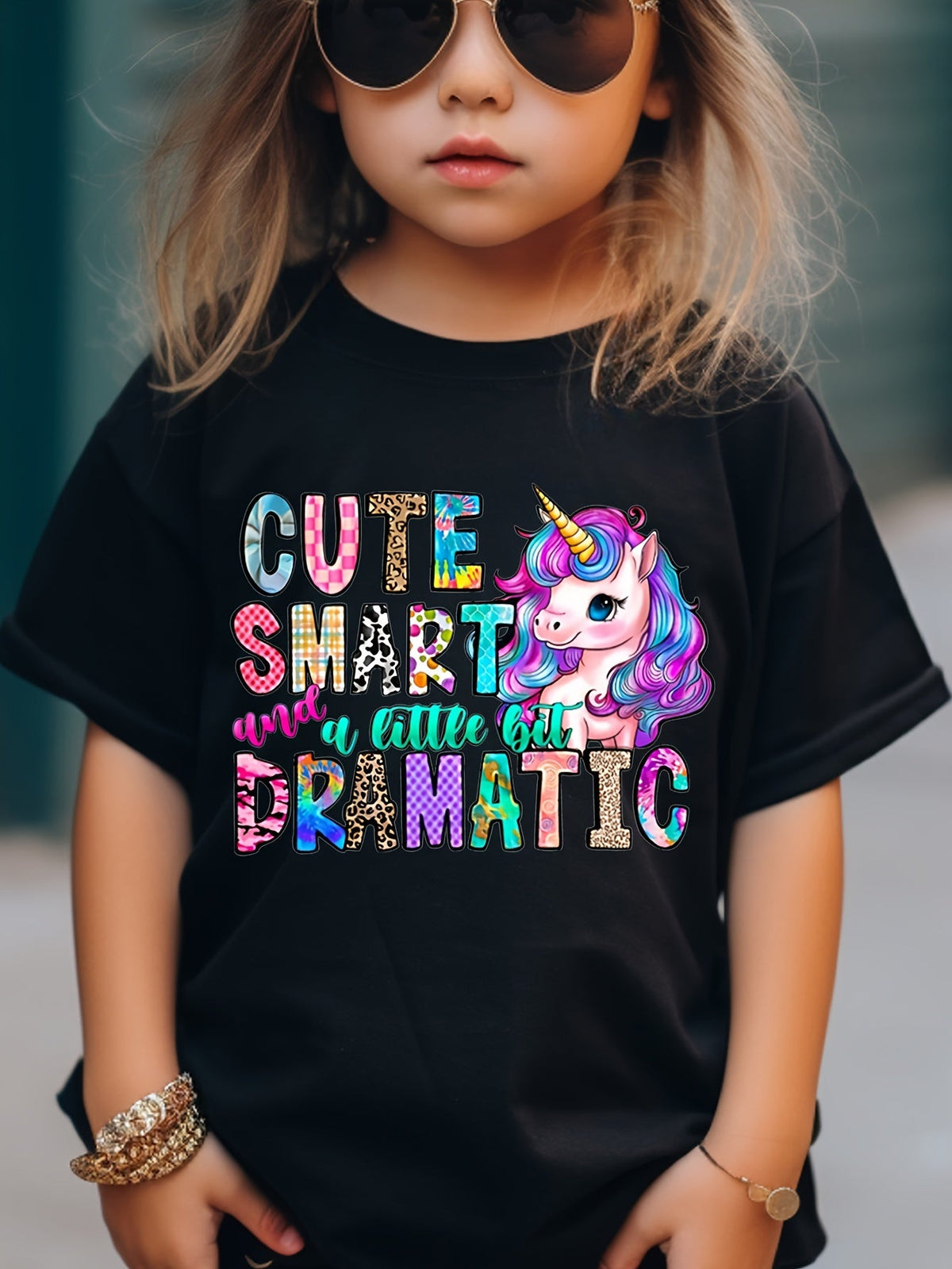 Girls' Unicorn T-Shirt in Black with Cute Smart and a Little Bit Dramatic Lettering for Casual Outfits
