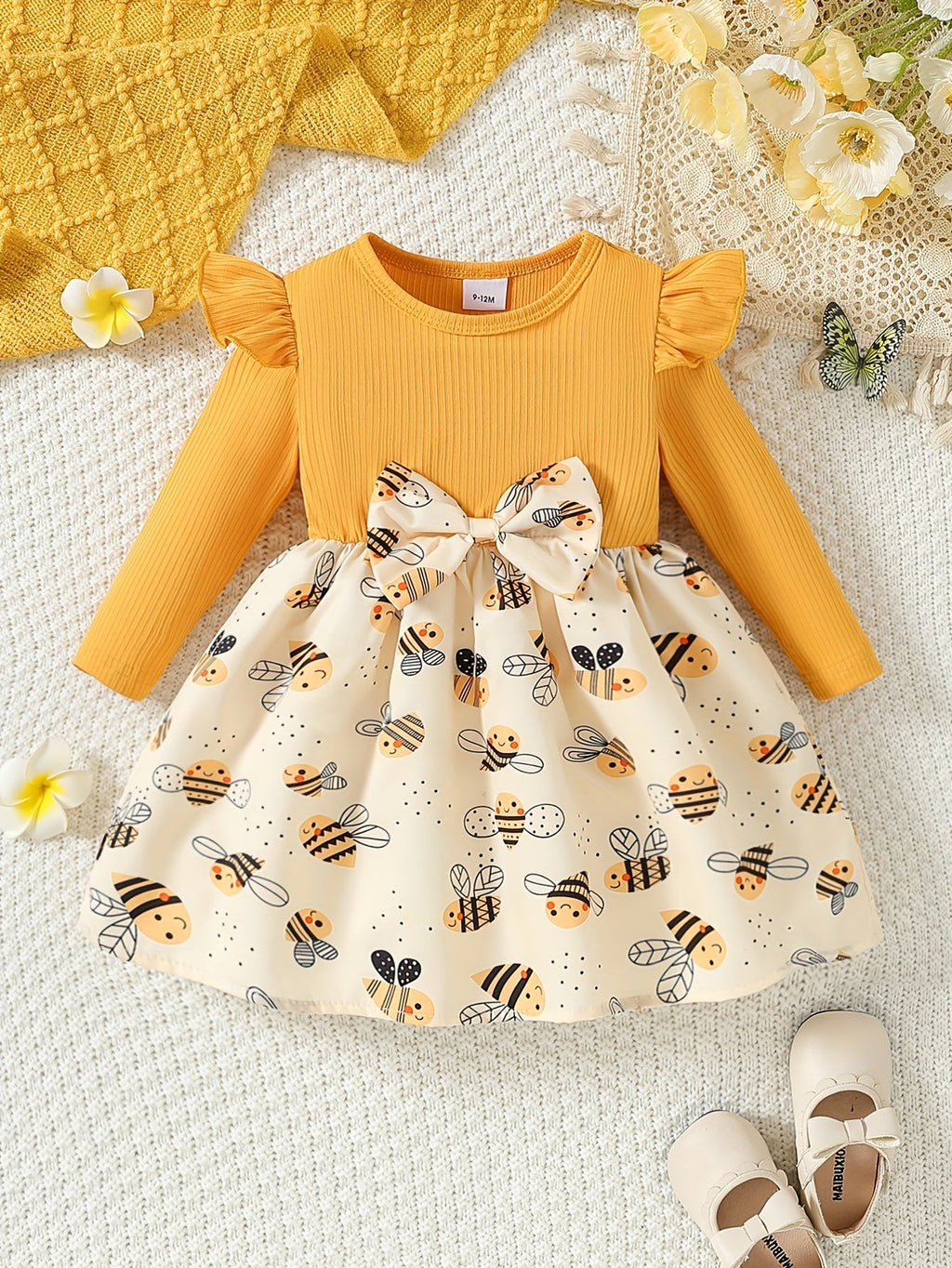Girls' Bee Print Dress in Yellow with Ruffle Shoulders and Long Sleeves for Spring and Fall Outfits