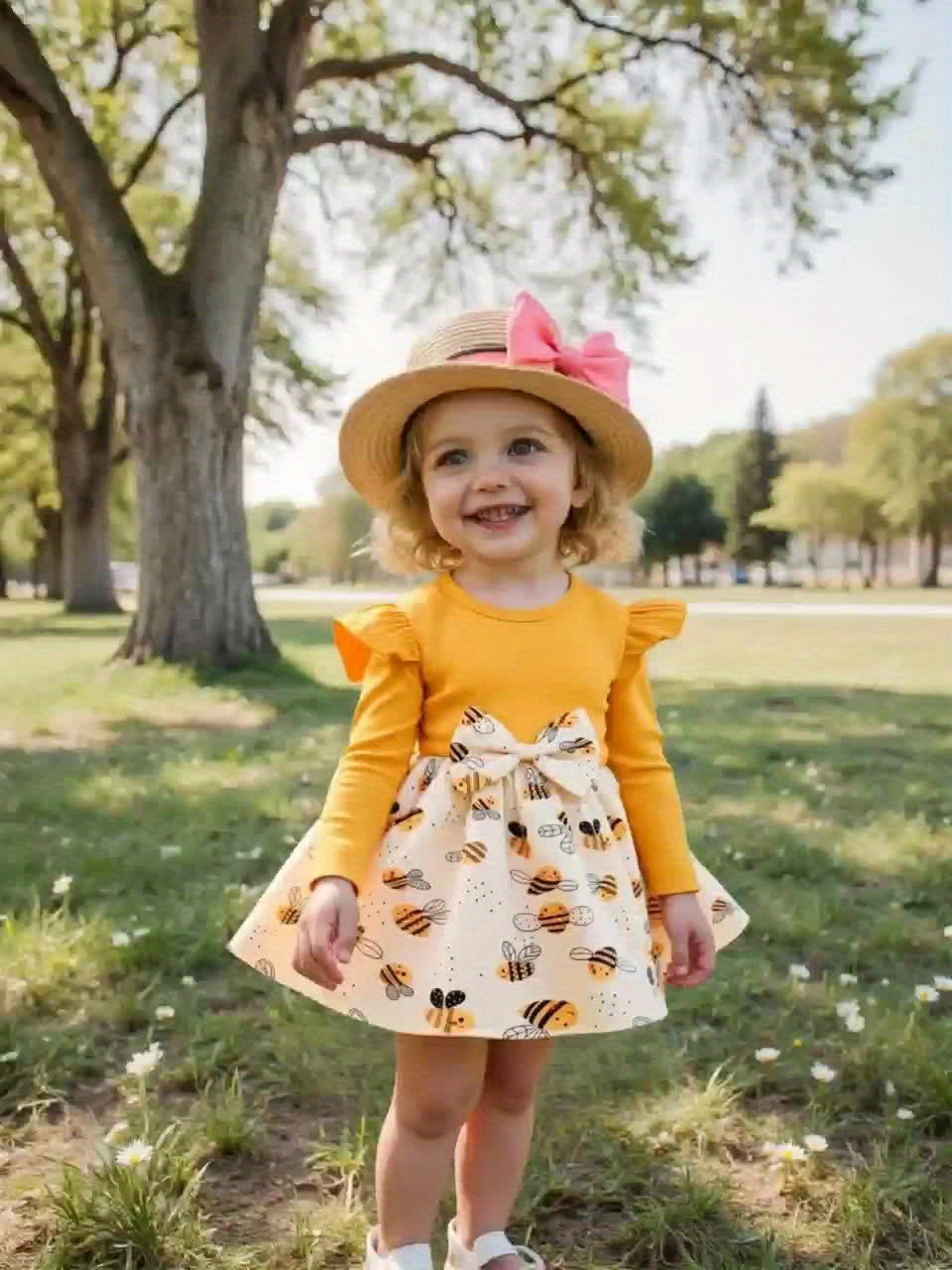 Girls' Bee Print Dress in Yellow with Ruffle Shoulders and Long Sleeves for Spring and Fall Outfits