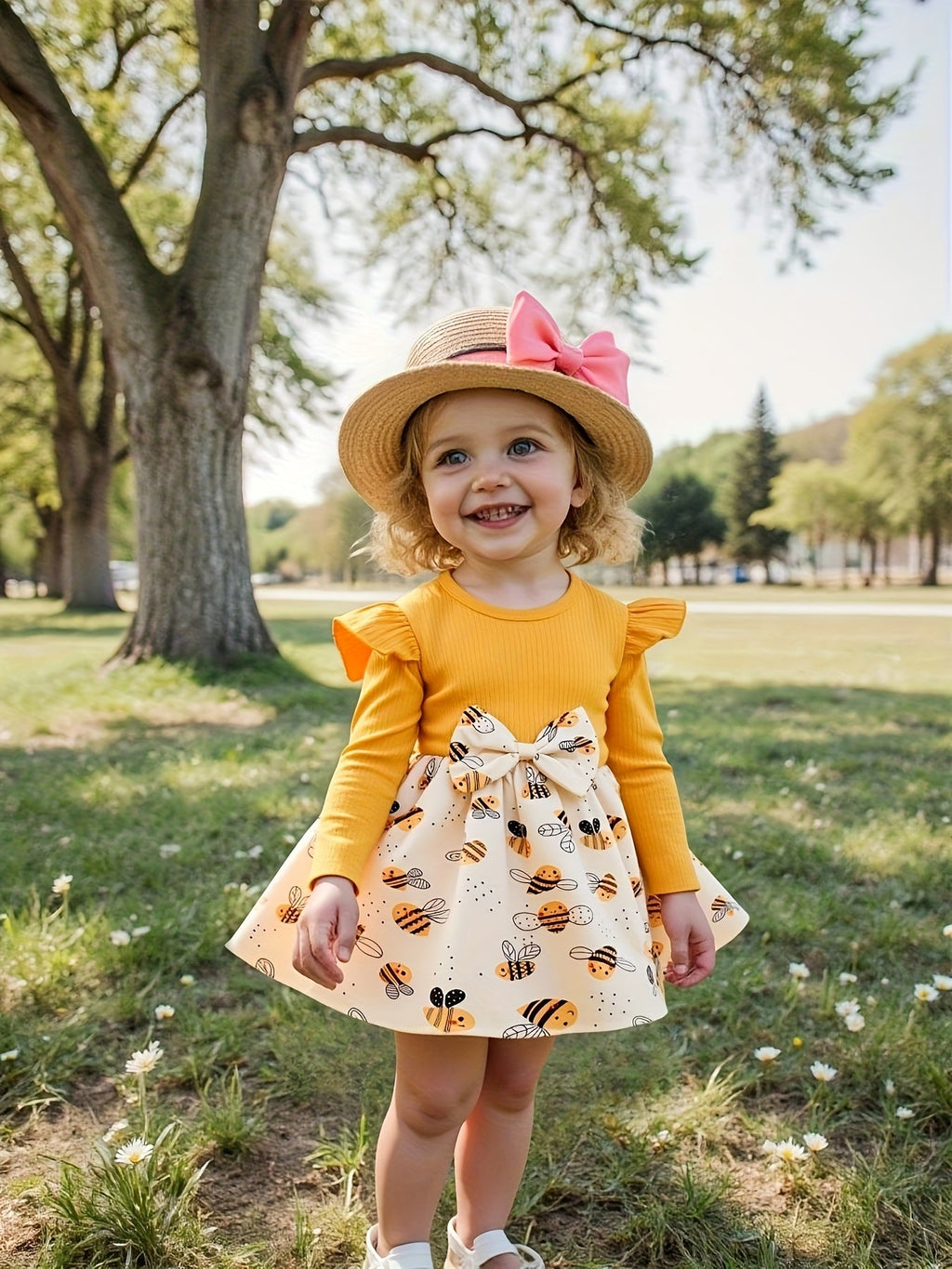 Girls' Bee Print Dress in Yellow with Ruffle Shoulders and Long Sleeves for Spring and Fall Outfits