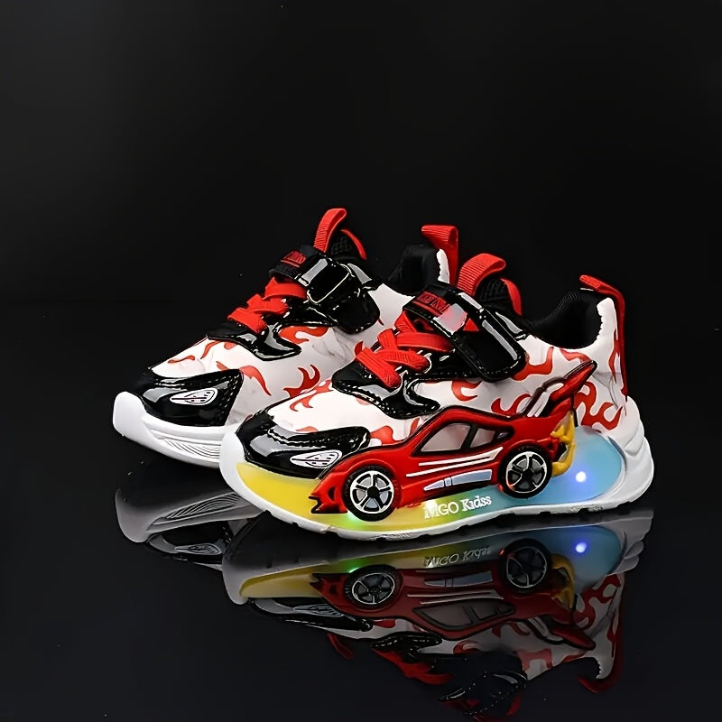 Kids' Light-Up Sneakers with Race-Car Side Details and Flame Graphics in Red or Blue for a Playful Look