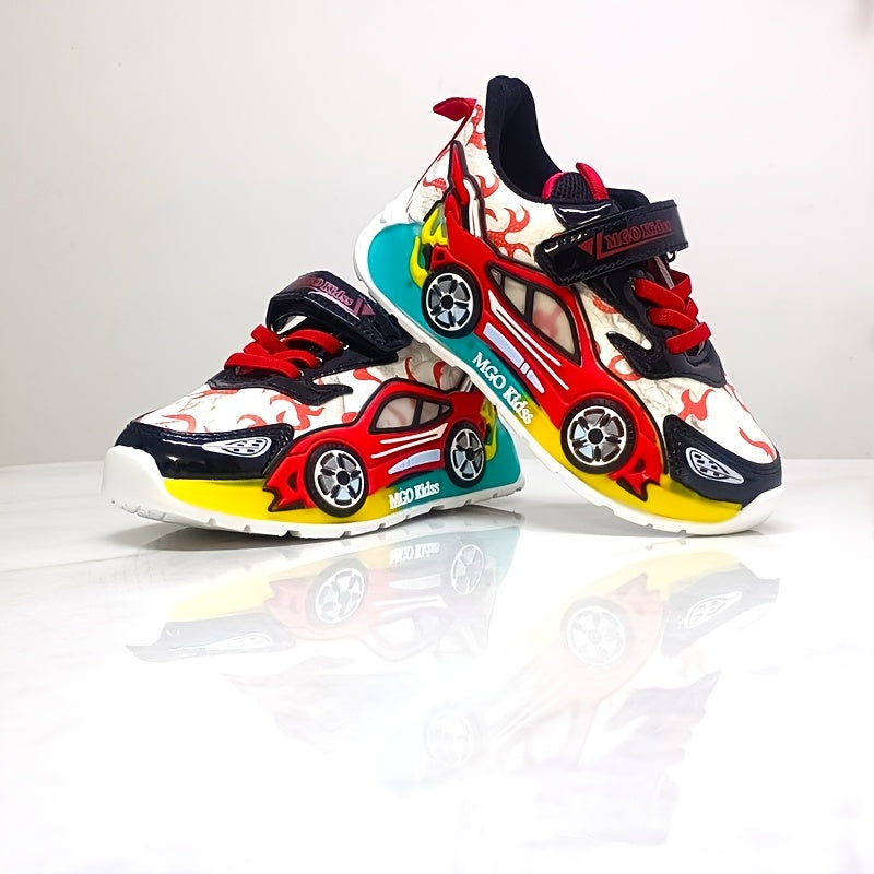 Kids' Light-Up Sneakers with Race-Car Side Details and Flame Graphics in Red or Blue for a Playful Look