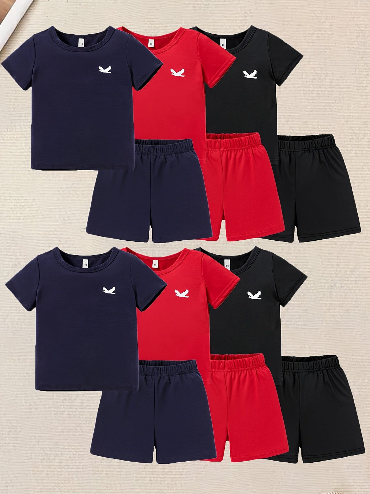 Kids' Twelve-Piece Summer Outfit Set with Six Crew Neck T-Shirts and Six Matching Elastic Waist Shorts
