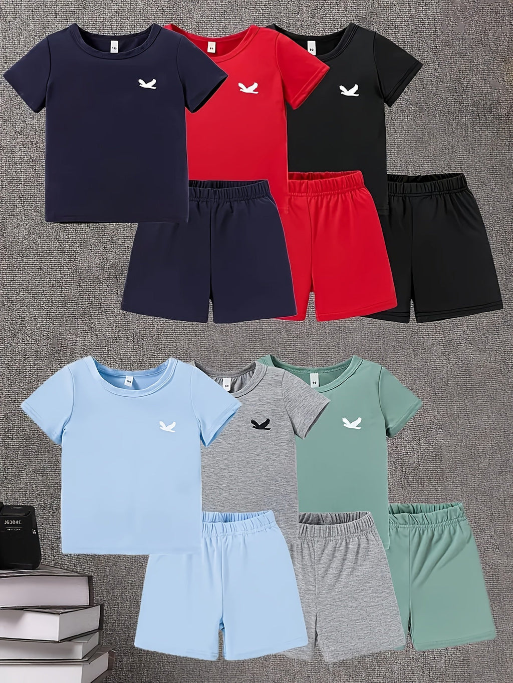 Kids' Twelve-Piece Summer Outfit Set with Six Crew Neck T-Shirts and Six Matching Elastic Waist Shorts