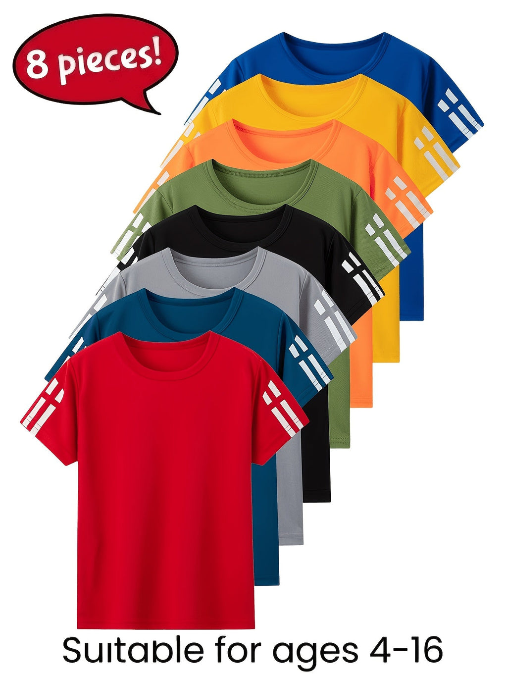 Kids' T-Shirts Eight Pack in Mixed Colors with Crew Necks and Short Sleeves for Summer Play and Everyday Wear