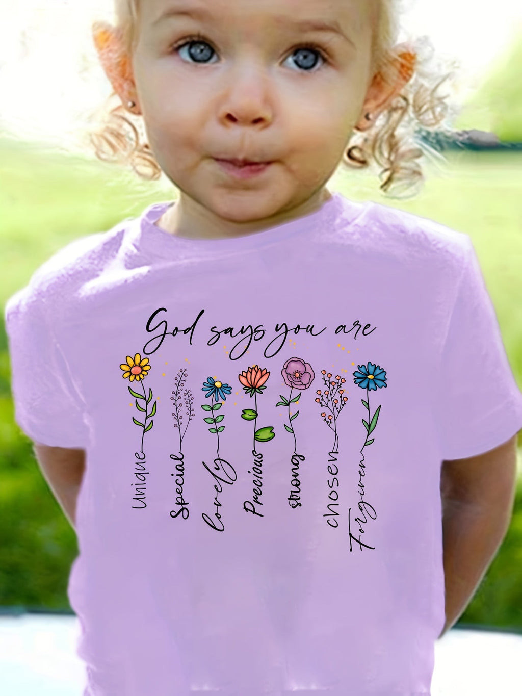 Kids' God Says You Are Floral T-Shirt with Colorful Flower Illustrations and Short Sleeves for Daily Wear