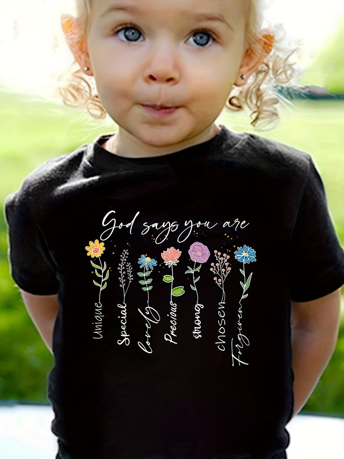Kids' God Says You Are Floral T-Shirt with Colorful Flower Illustrations and Short Sleeves for Daily Wear
