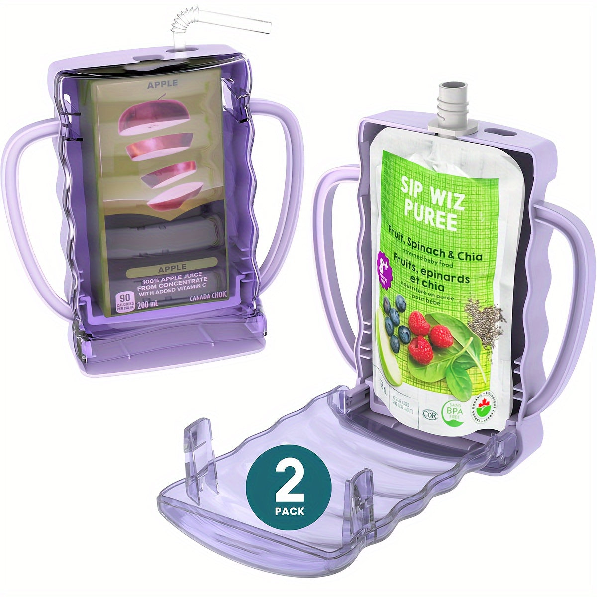 Food Pouch Holder Two-Pack with Easy-Grip Handles and an Adjustable Support for Kids Juice Boxes and Snacks