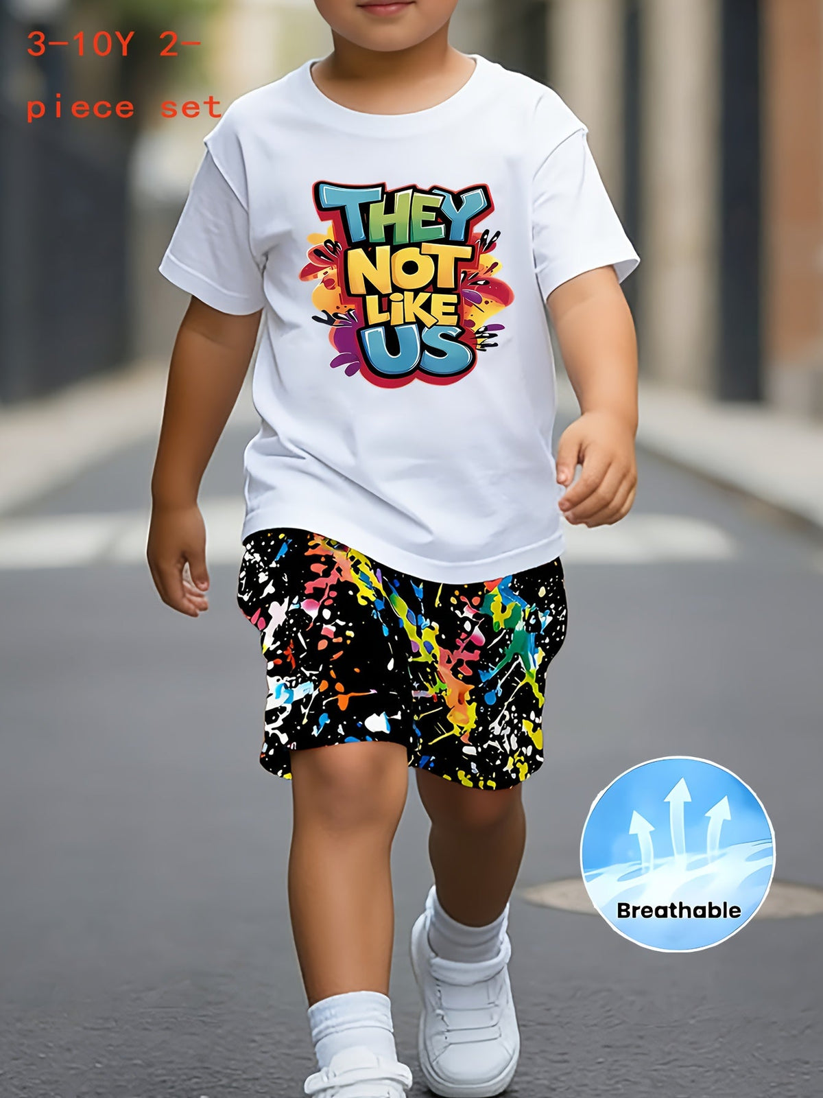 Kids' Graphic T-Shirt and Splatter Print Shorts Set with Colorful They Not Like Us Lettering for Summer