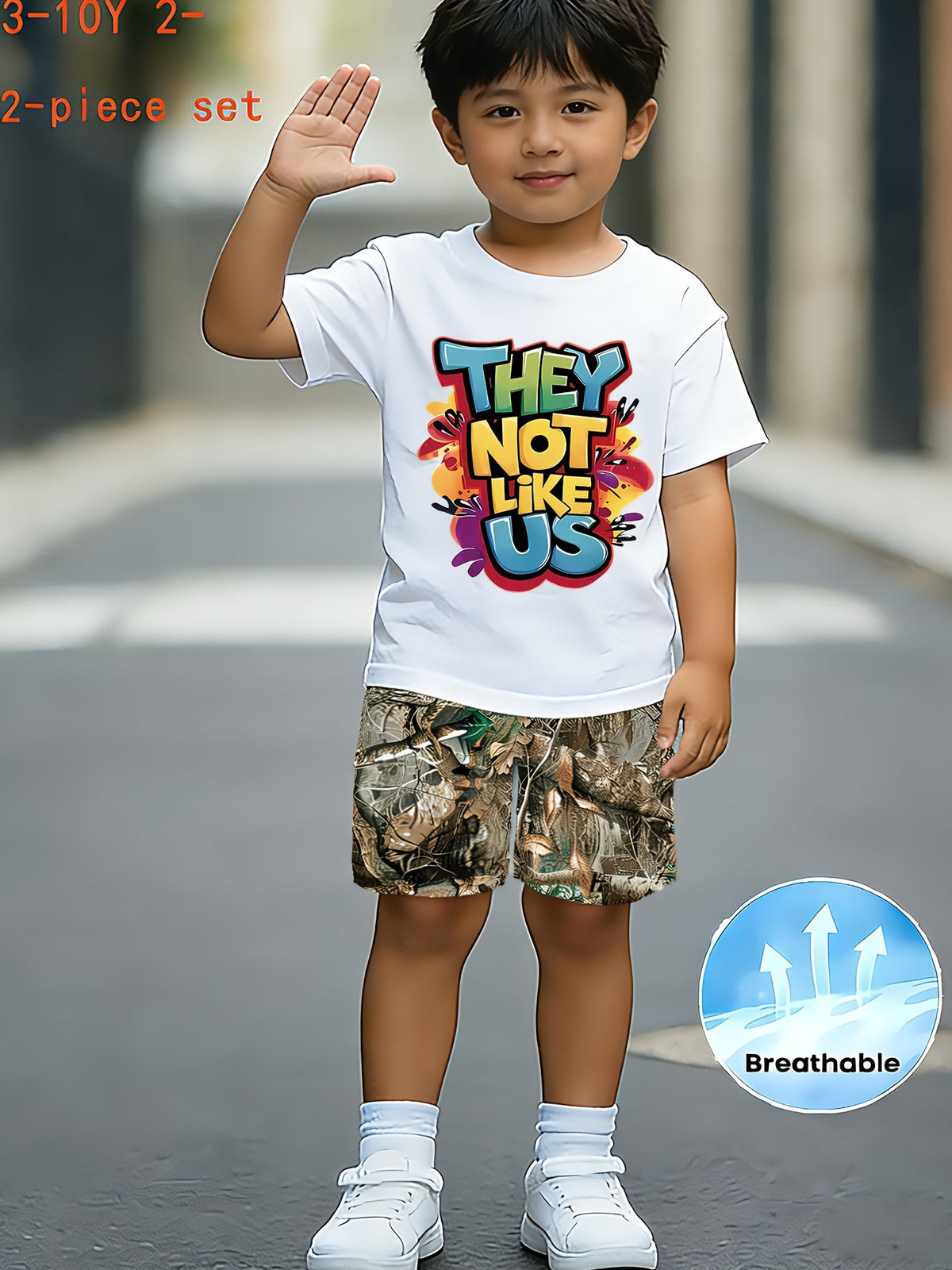 Kids' Graphic T-Shirt and Splatter Print Shorts Set with Colorful They Not Like Us Lettering for Summer