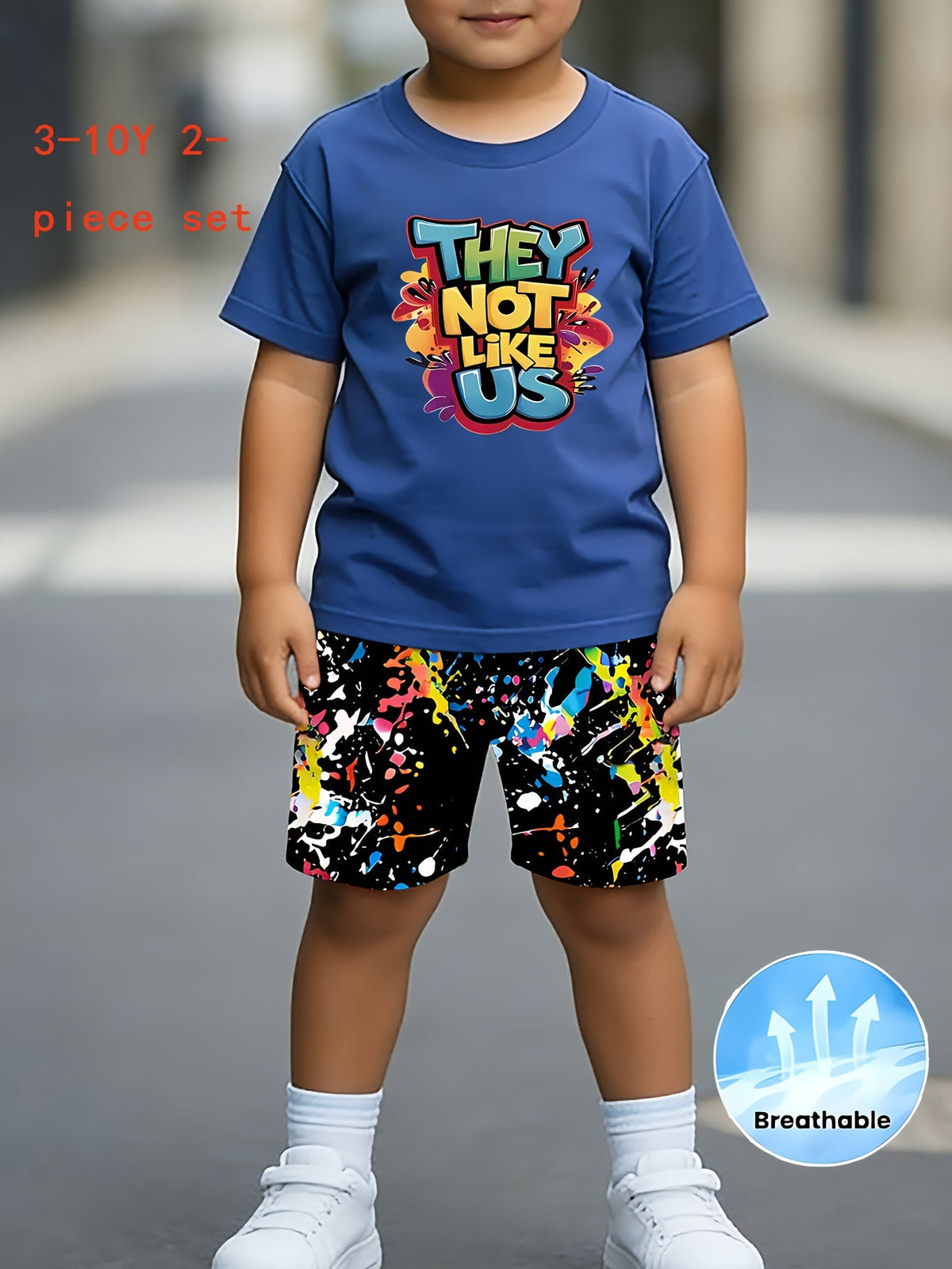 Kids' Graphic T-Shirt and Splatter Print Shorts Set with Colorful They Not Like Us Lettering for Summer