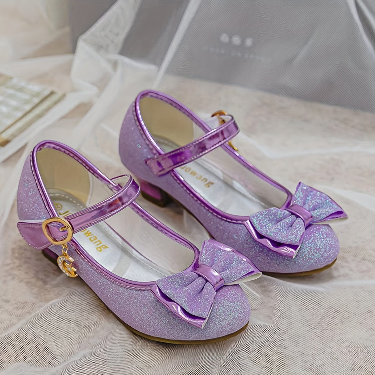 Glitter Mary Jane Shoes for Girls with Bow Fronts and Low Block Heels in Blue or Purple for Dressy Outfits