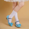 Glitter Mary Jane Shoes for Girls with Bow Fronts and Low Block Heels in Blue or Purple for Dressy Outfits