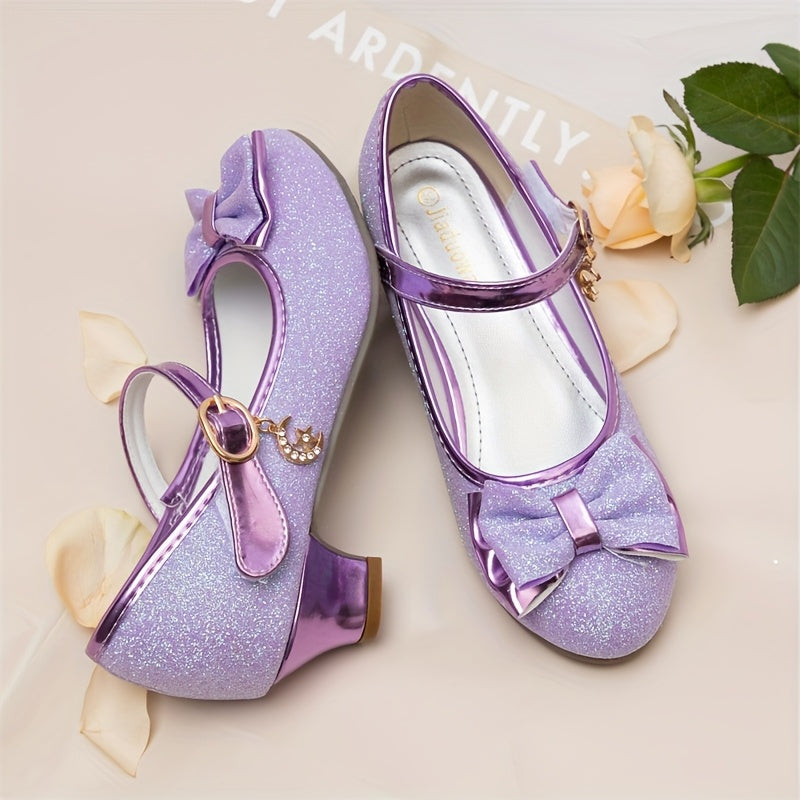 Glitter Mary Jane Shoes for Girls with Bow Fronts and Low Block Heels in Blue or Purple for Dressy Outfits