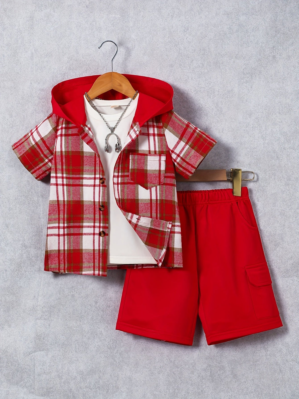 Kids' Hooded Shorts Set with a Short Sleeve Plaid Button Shirt and Matching Cargo Style Shorts