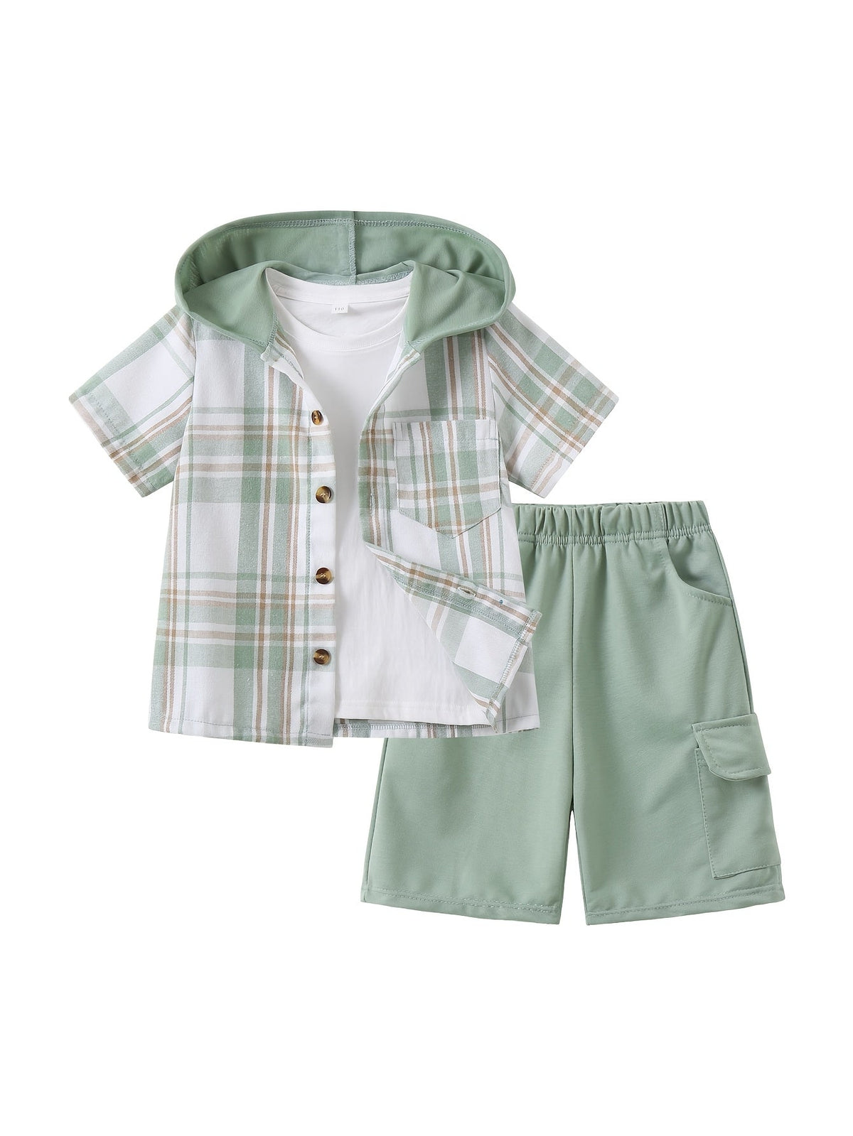 Kids' Hooded Shorts Set with a Short Sleeve Plaid Button Shirt and Matching Cargo Style Shorts