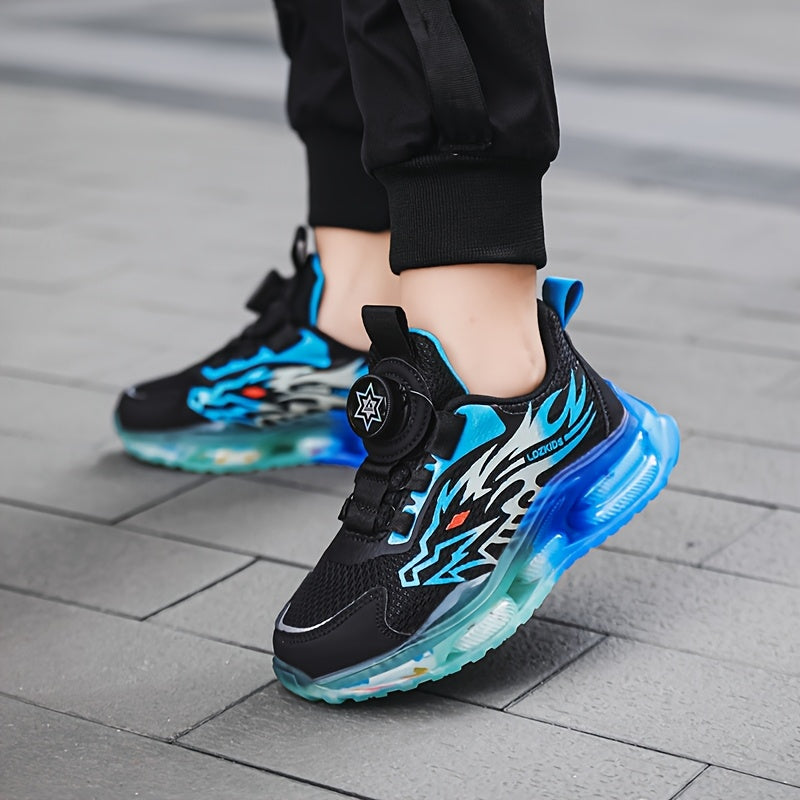 Kids' Dragon Graphic Sneakers with Rotary Dial Closures and Blue Gradient Soles for Everyday Outfits