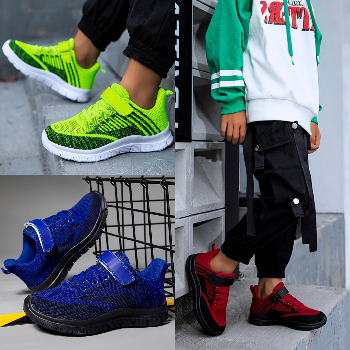 Kids' Mesh Sneakers with Instep Straps and Striped Knit Panels in Green, Blue or Red for Everyday Play