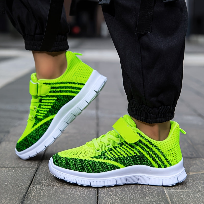Kids' Mesh Sneakers with Instep Straps and Striped Knit Panels in Green, Blue or Red for Everyday Play