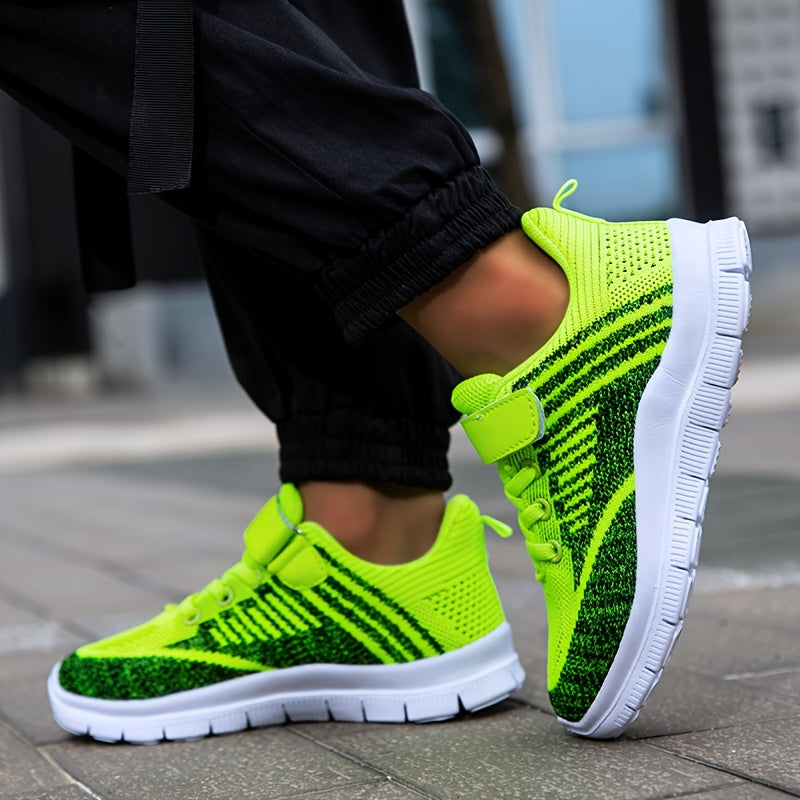 Kids' Mesh Sneakers with Instep Straps and Striped Knit Panels in Green, Blue or Red for Everyday Play