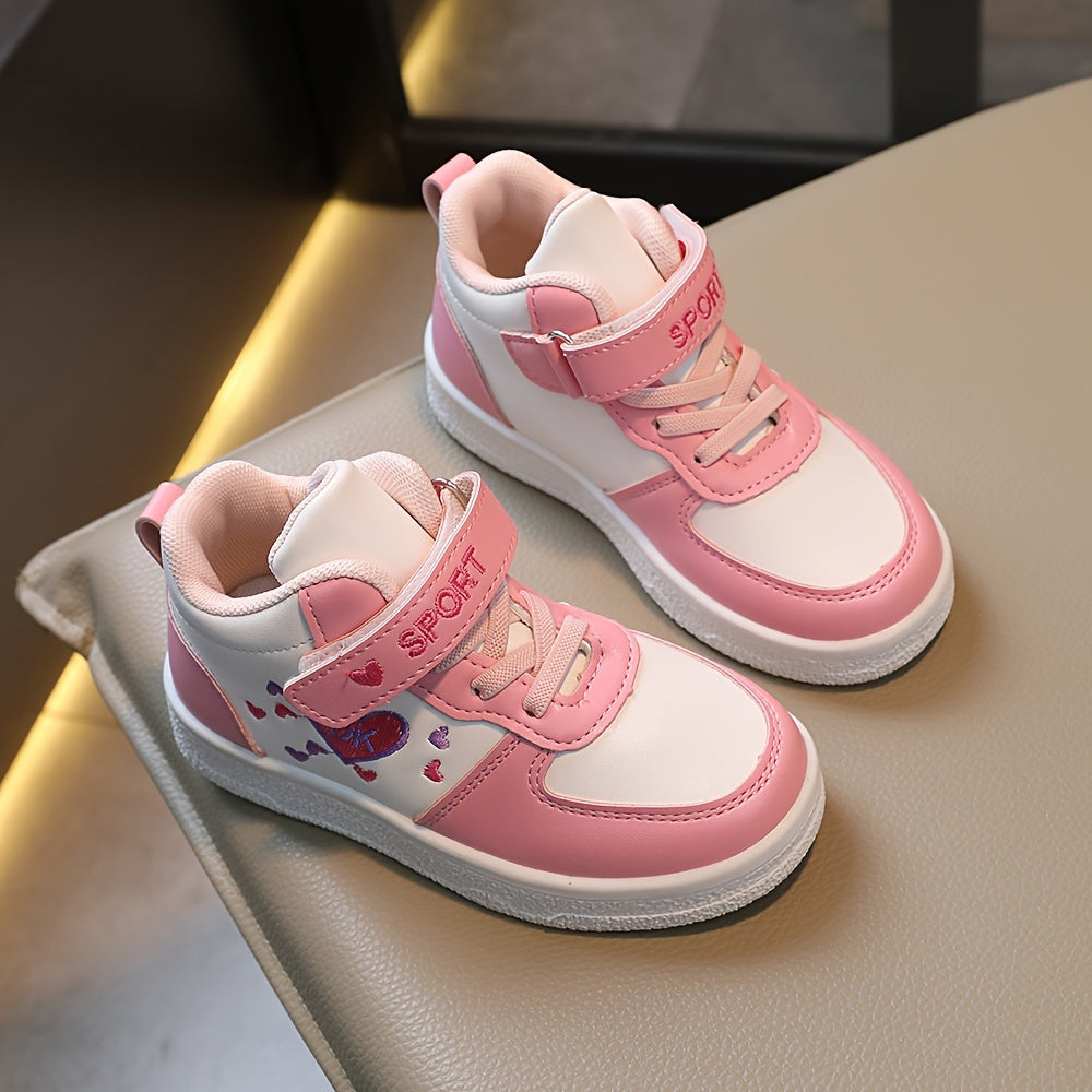 Kids' Strap Fastening Sneakers in T-525 Solid and T-529 Heart Print Styles with Contrasting Soles