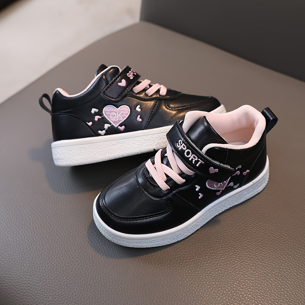 Kids' Strap Fastening Sneakers in T-525 Solid and T-529 Heart Print Styles with Contrasting Soles