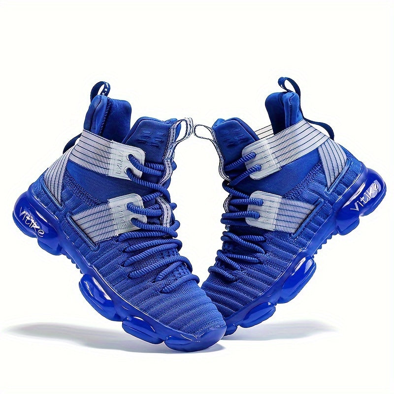 Kids' Blue High Top Sneakers with Crossed Ankle Straps and Translucent Sole Sections for Casual Wear