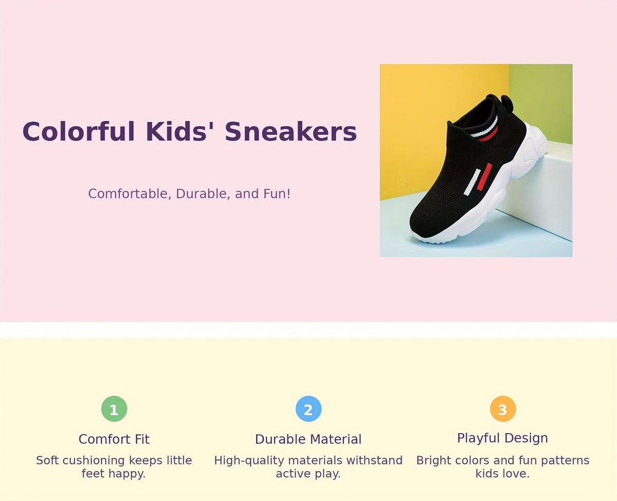 Kids' Slip-On Sneakers in Black Knit with Sock Cuffs and Striped Pull Tabs for Everyday Casual Outfits