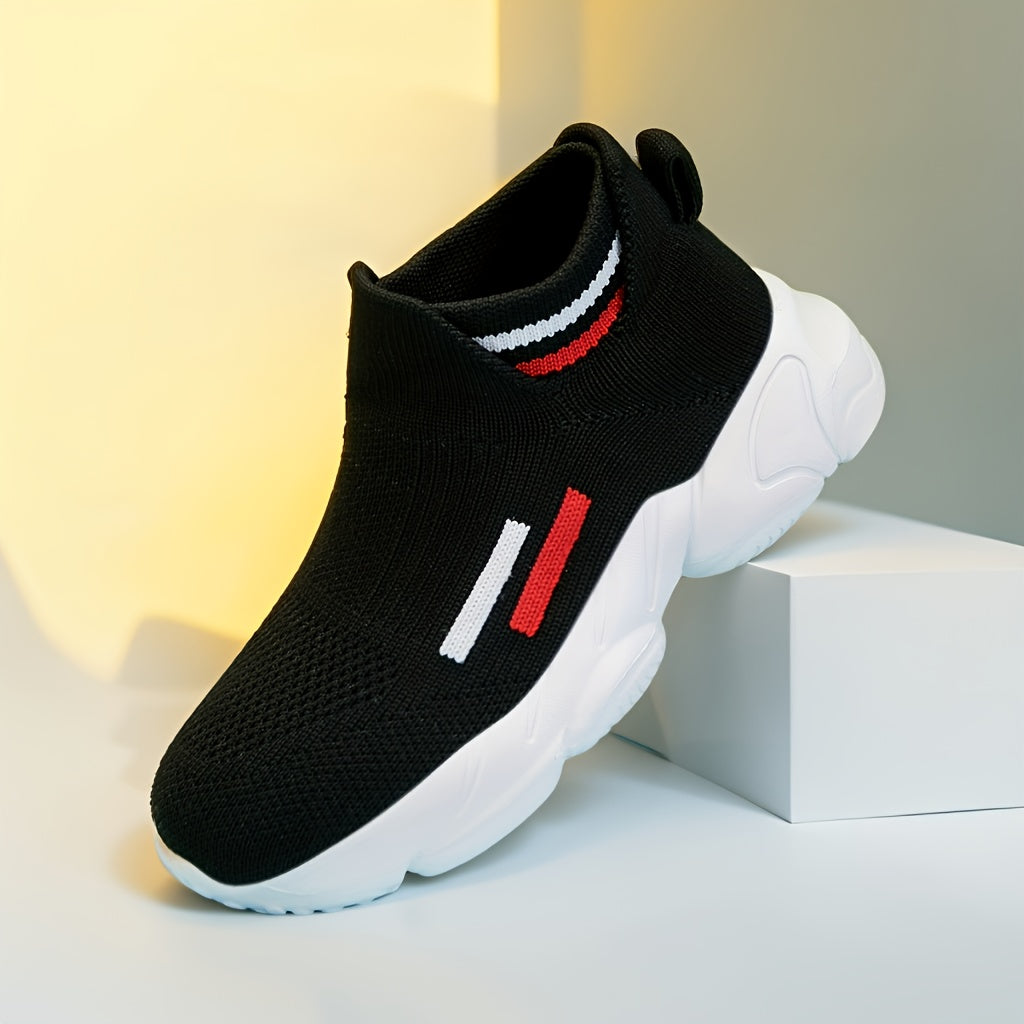 Kids' Slip-On Sneakers in Black Knit with Sock Cuffs and Striped Pull Tabs for Everyday Casual Outfits