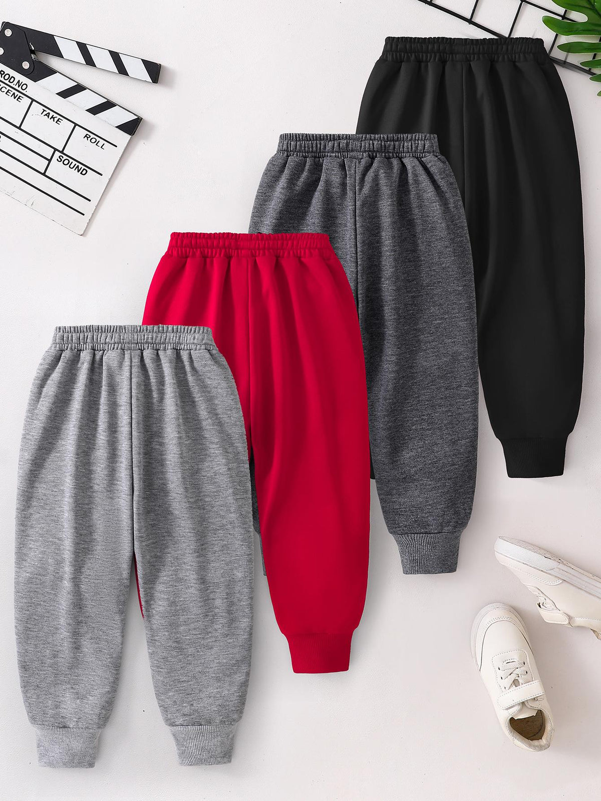 Boys' Graphic Jogger Pants 4-Pack in Gray, Red and Black with Drawstring Waists and Ribbed Ankle Cuffs