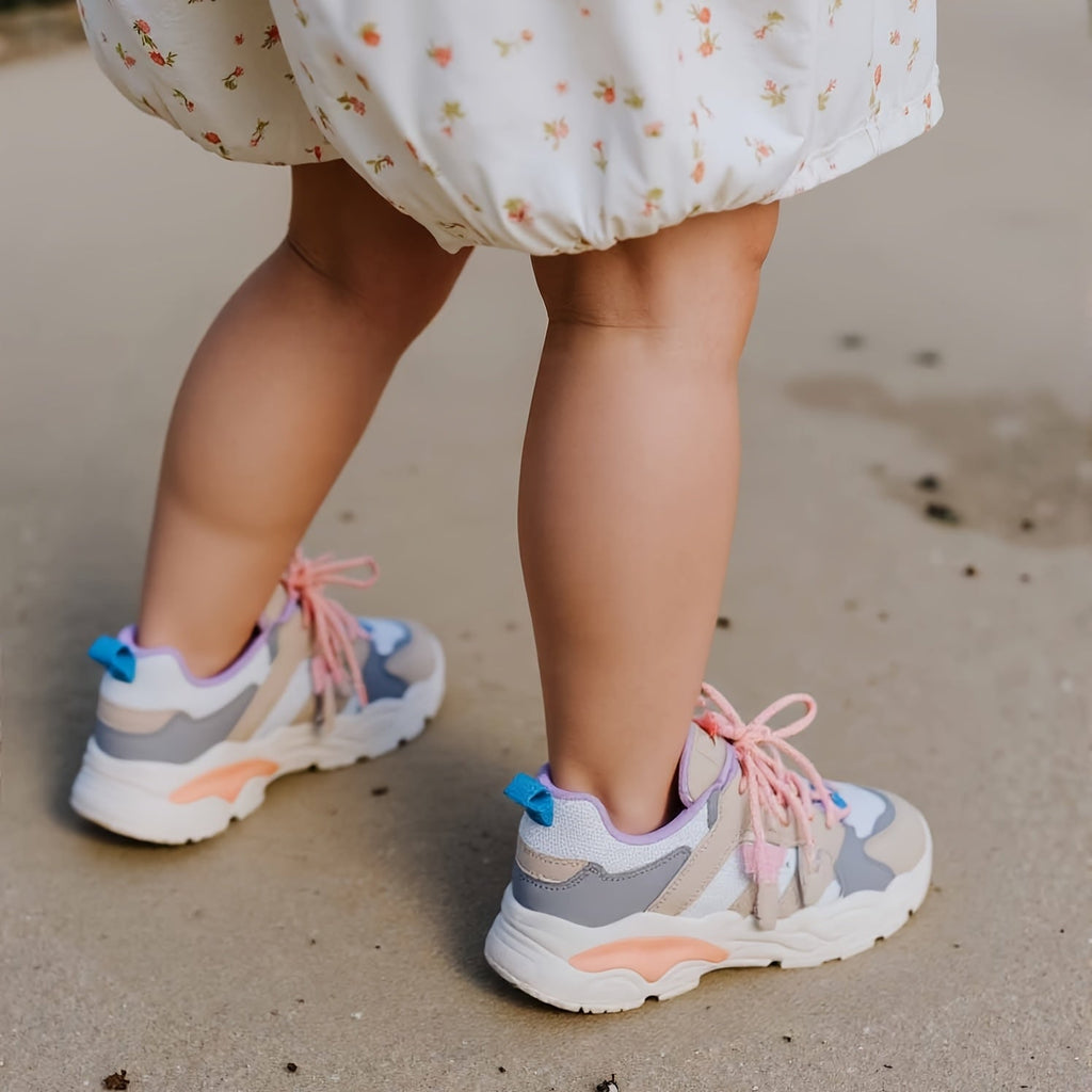 Kids' Chunky Panel Sneakers with Mesh Sections and Lace Up Fronts in Fuchsia, Beige or Black Styles