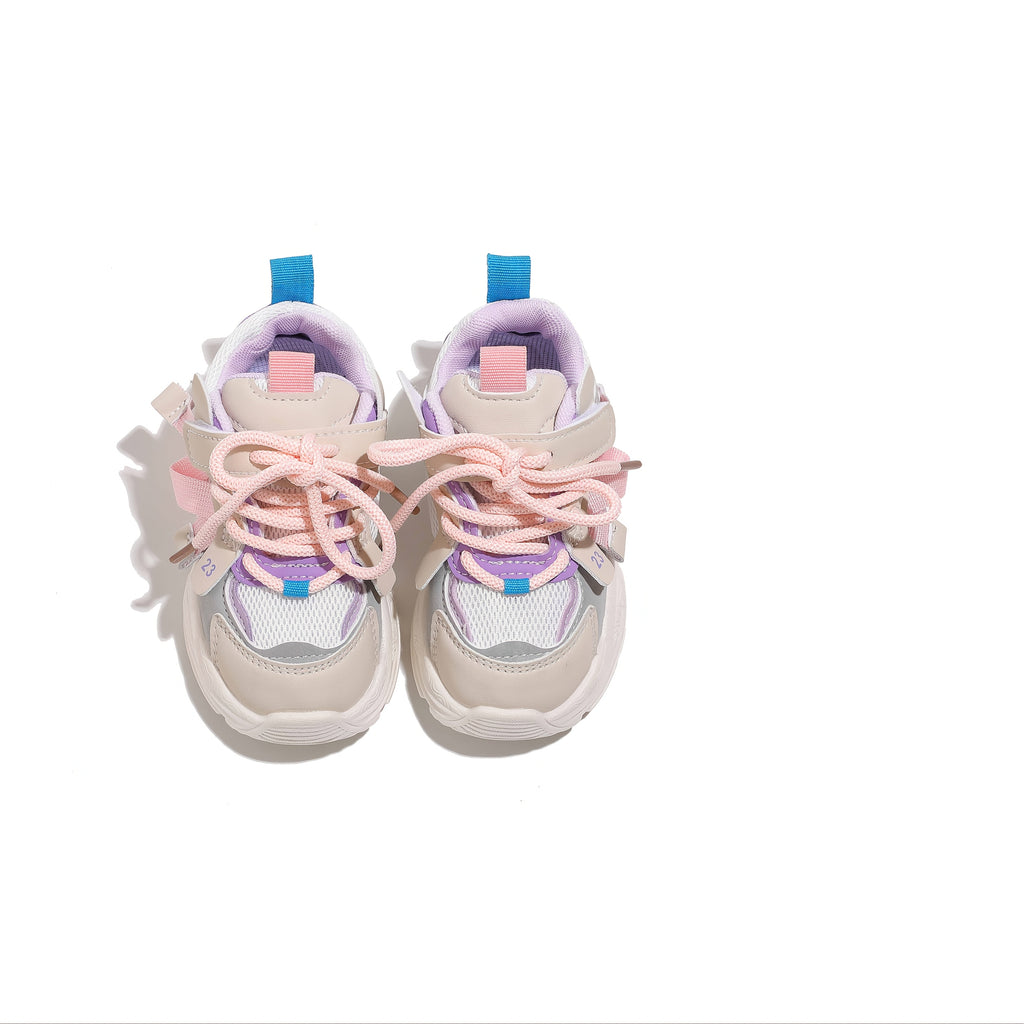Kids' Chunky Panel Sneakers with Mesh Sections and Lace Up Fronts in Fuchsia, Beige or Black Styles