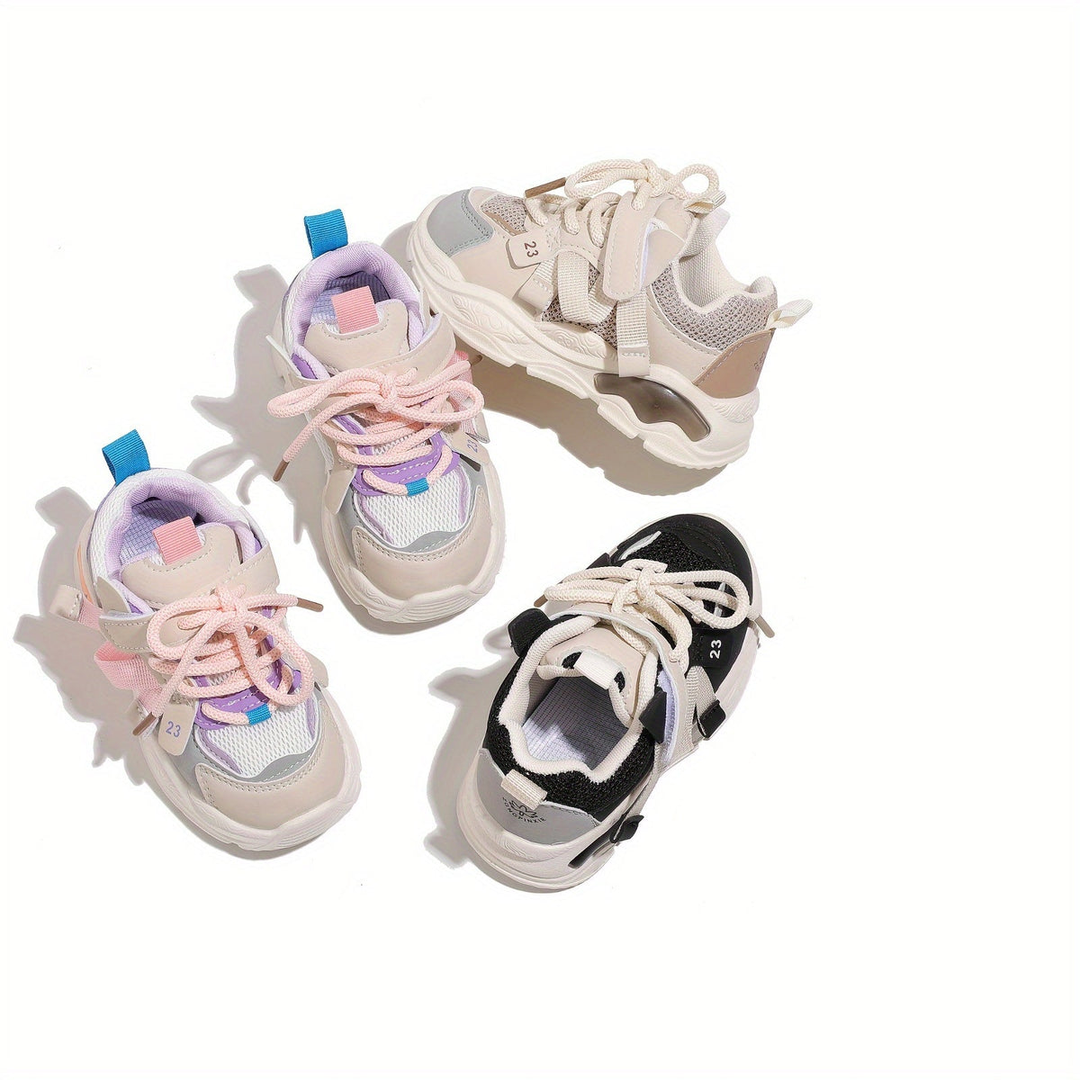Kids' Chunky Panel Sneakers with Mesh Sections and Lace Up Fronts in Fuchsia, Beige or Black Styles