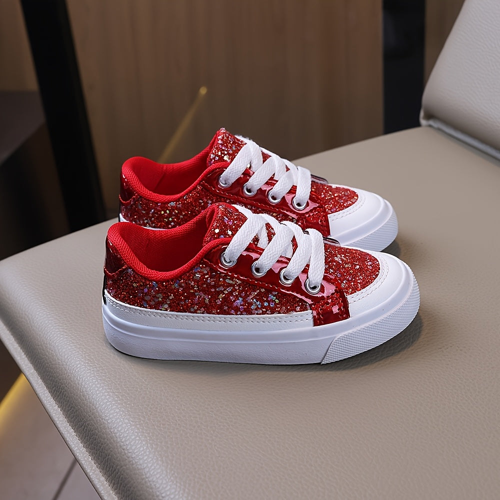 Kids' Red Glitter Sneakers with White Laces and Chunky White Sole Edges for School and Festive Casual Outfits