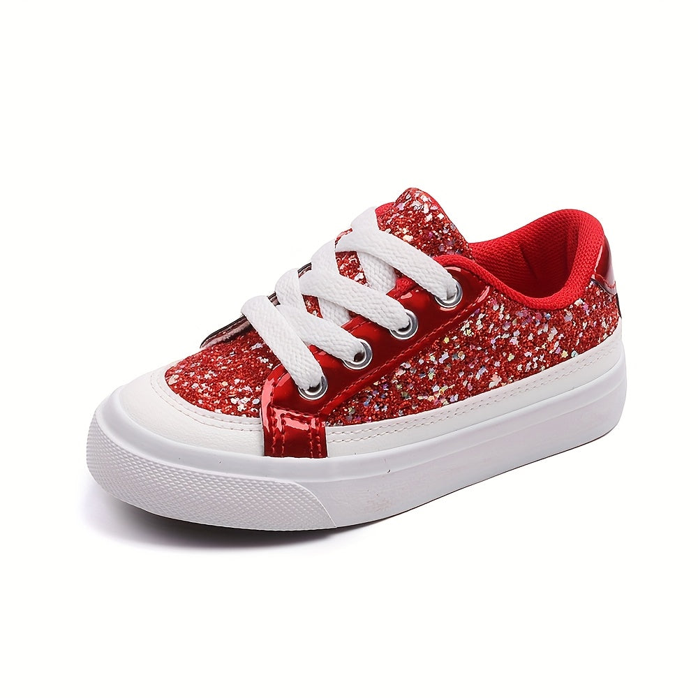Kids' Red Glitter Sneakers with White Laces and Chunky White Sole Edges for School and Festive Casual Outfits