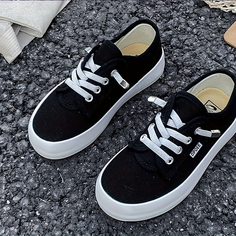 Kids' Low Top Canvas Sneakers with White Laces and Contrast Soles in Black or Red for Casual Outfits