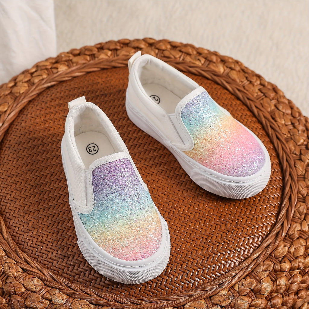 Kids' Rainbow Gradient Slip-On Sneakers with Glitter Front Panels and White Soles for Colorful Outfits
