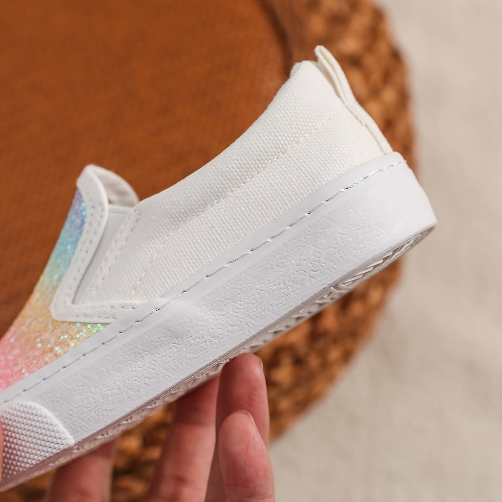 Kids' Rainbow Gradient Slip-On Sneakers with Glitter Front Panels and White Soles for Colorful Outfits