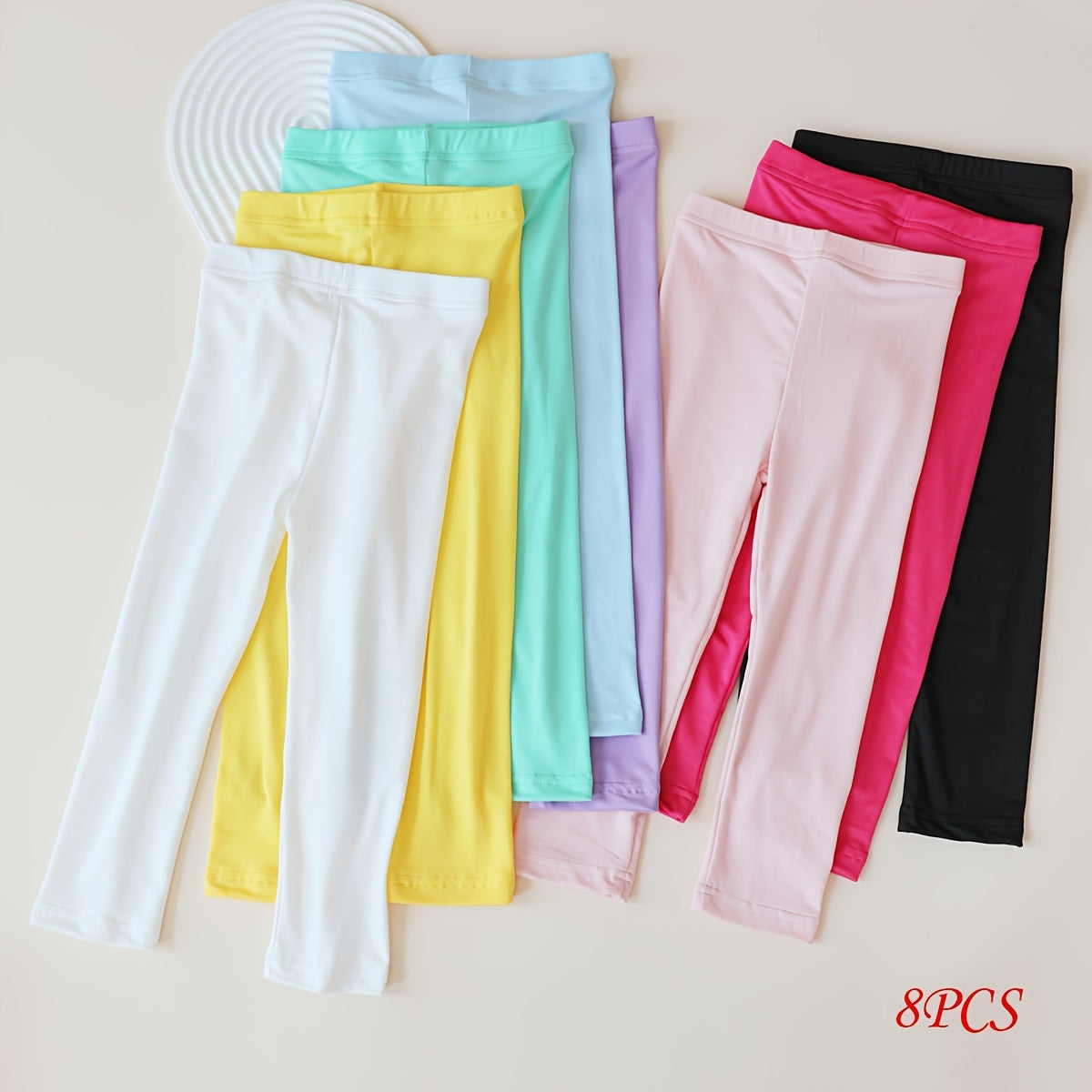 Girls' Capri Leggings Eight Pack with Elastic Waists in Bright and Pastel Solid Colors for Everyday Wear
