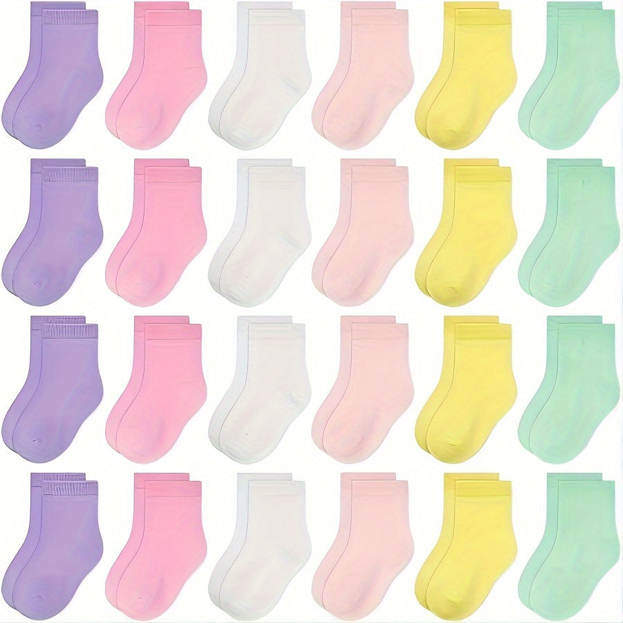 Girls' Pastel Crew Socks Twenty Four Pair Pack with Solid Colors and Ribbed Cuffs for Everyday Shoe Pairing